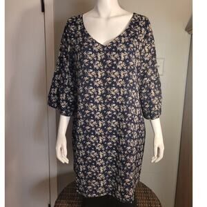 BELONGSCI Womens Blue Floral Tunic Dress Sz XL 3/4 Bell Sleeves Flowy V-Neck